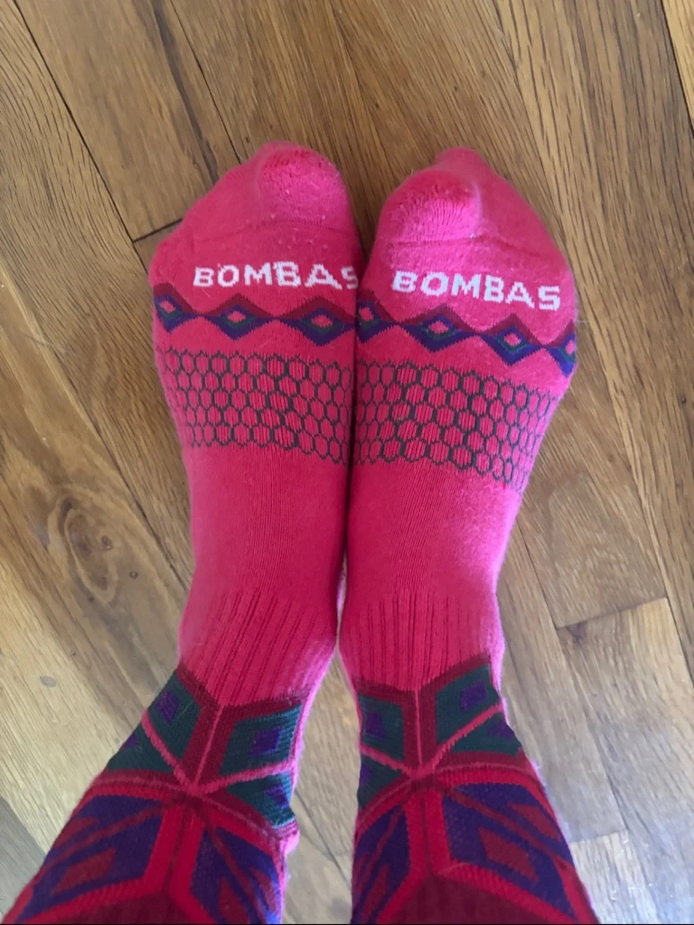 Bombas Red Athletic Cushioned Ankle Socks with Pattern
